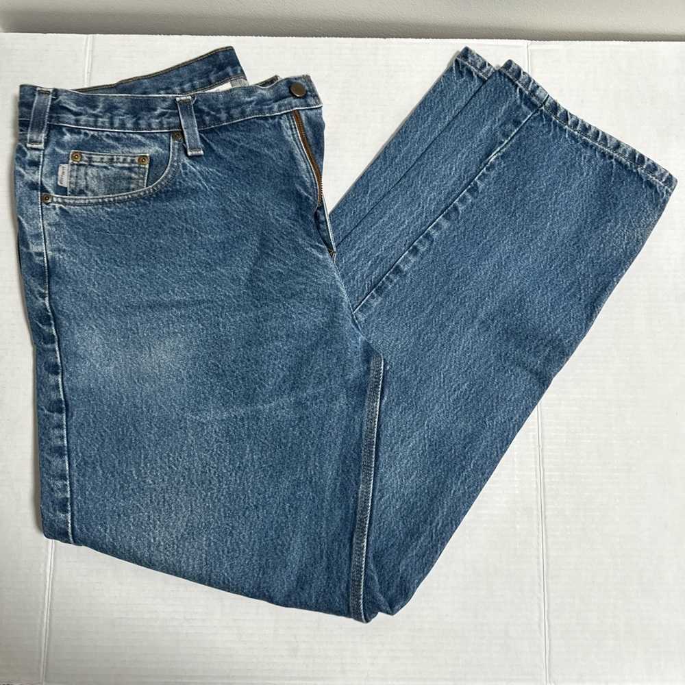 VTG Carhartt Jeans Men 42x34 Blue Straight Wash Denim Work Heavy Duty B480 DVB